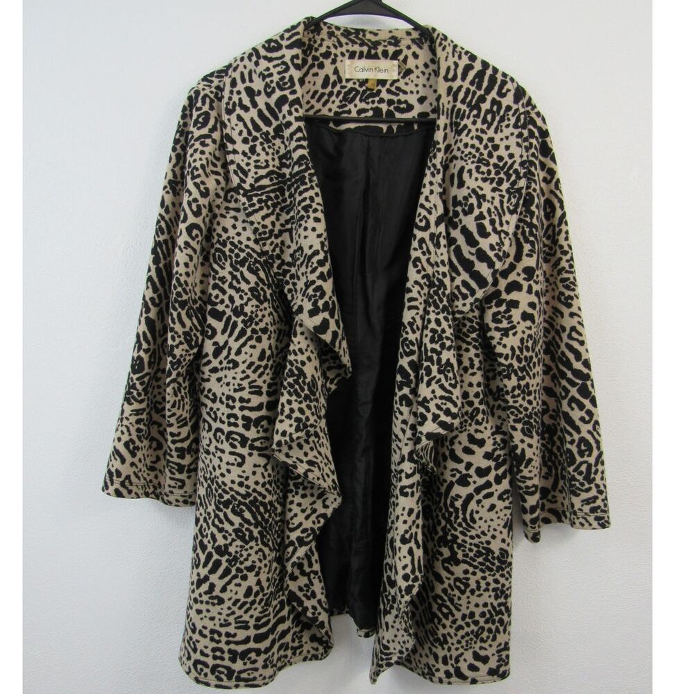 Calvin Klein Cheetah Print Open Front Ruffled 3/4 Sleeve Jacket Black Beige